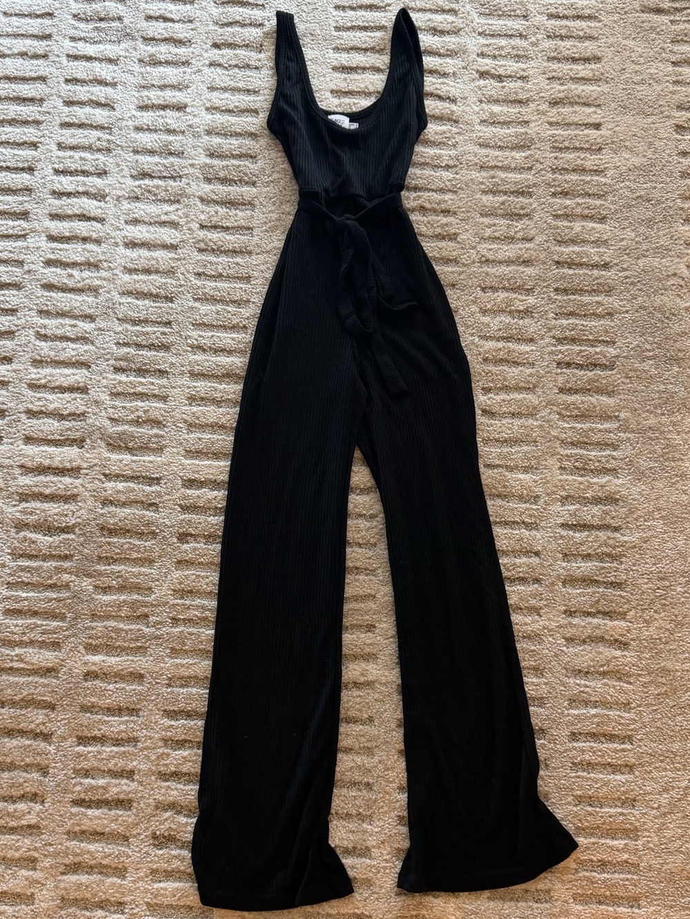 Princess Polly Sleeveless Black Ribbed Wide-Leg Jumpsuit with Tie Waist